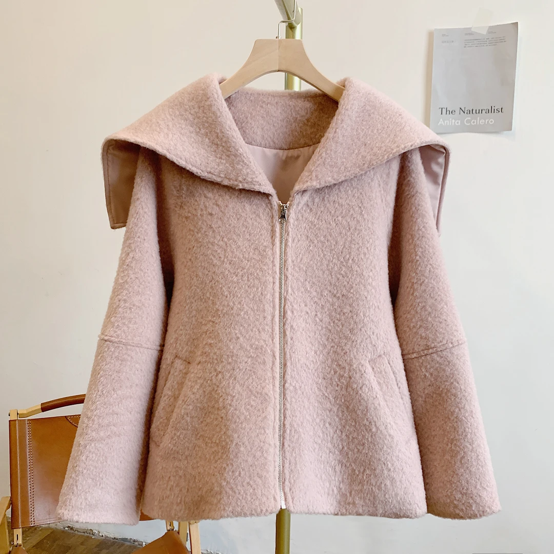 温柔千金Y3324拉链海军领毛呢外套