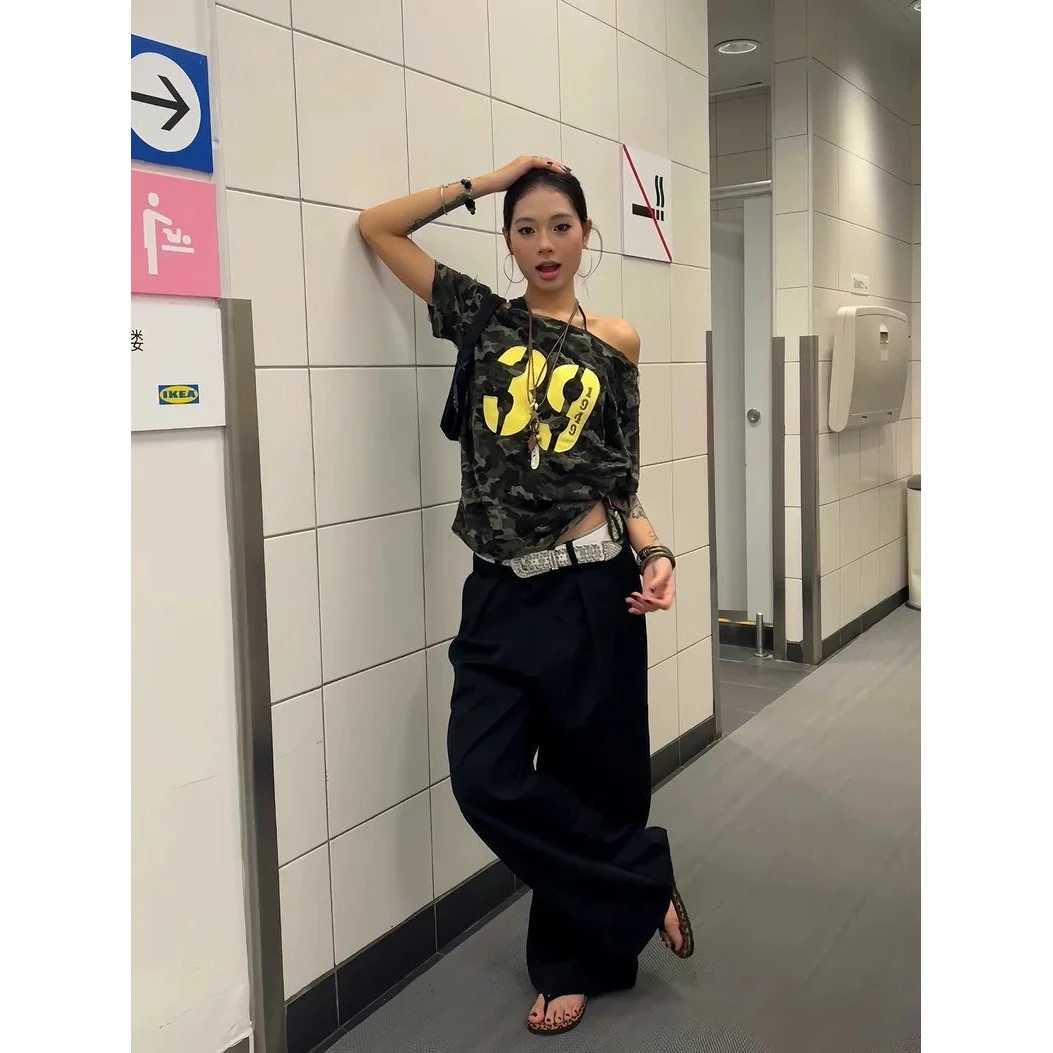 （浠儿姐姐）原版面料美式复古迷彩斜肩设计感短袖辣妹T恤显瘦女ins