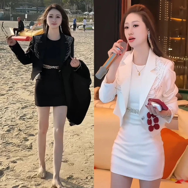 法式高级感气质时尚套装裙女春季修身闪钻短款西装外套裹臀连衣裙