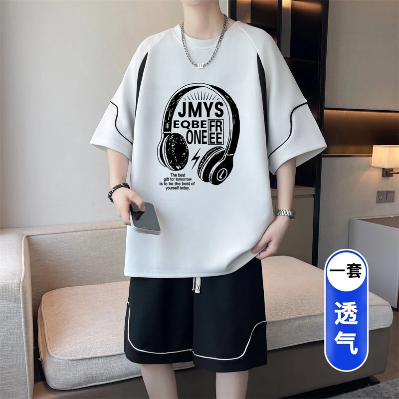 短袖男套装夏季新款冰丝凉感青少年学生时尚半袖宽松休闲一整套