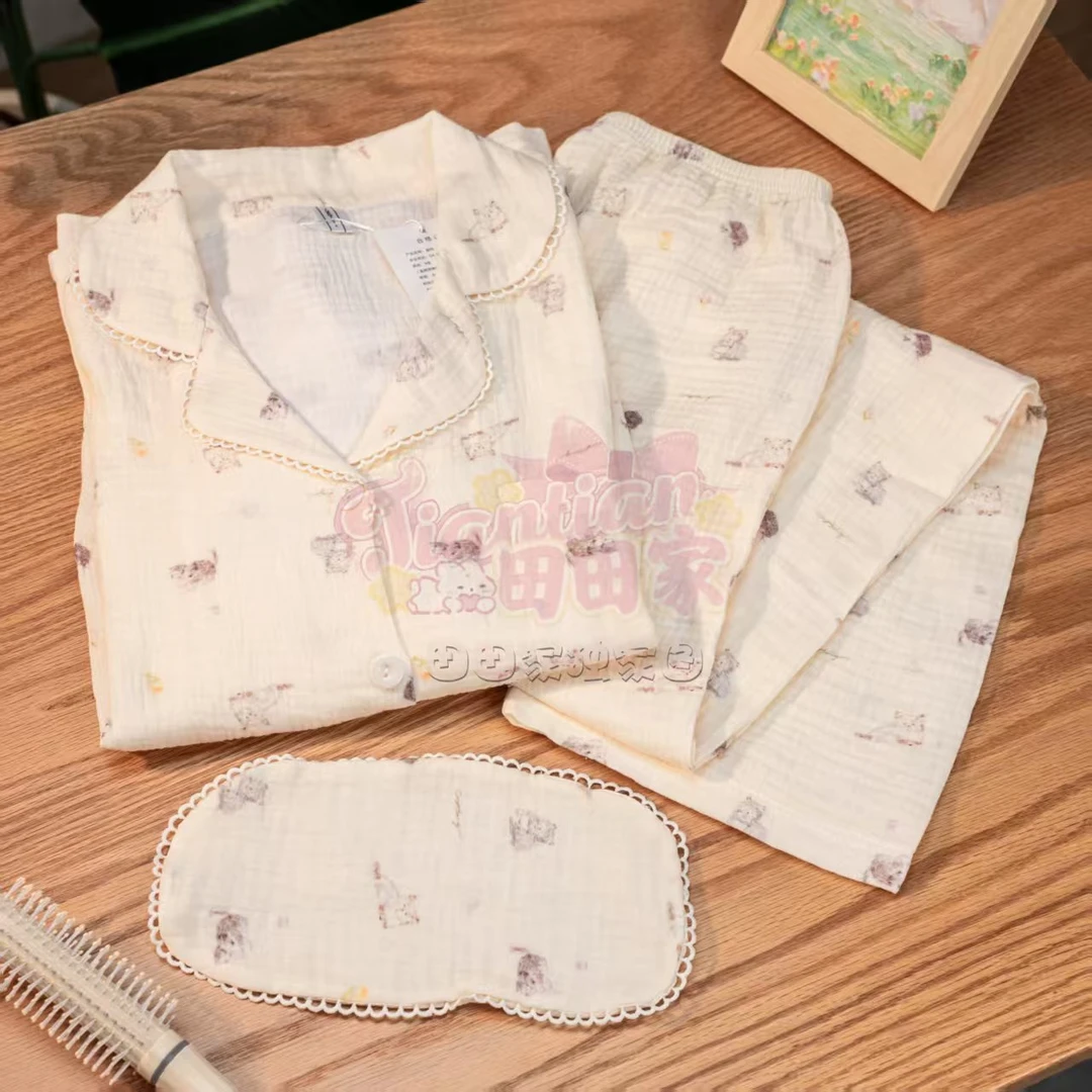 全棉100%棉睡衣女双层纱透气吸汗防静电春秋季长袖长裤家居服套装