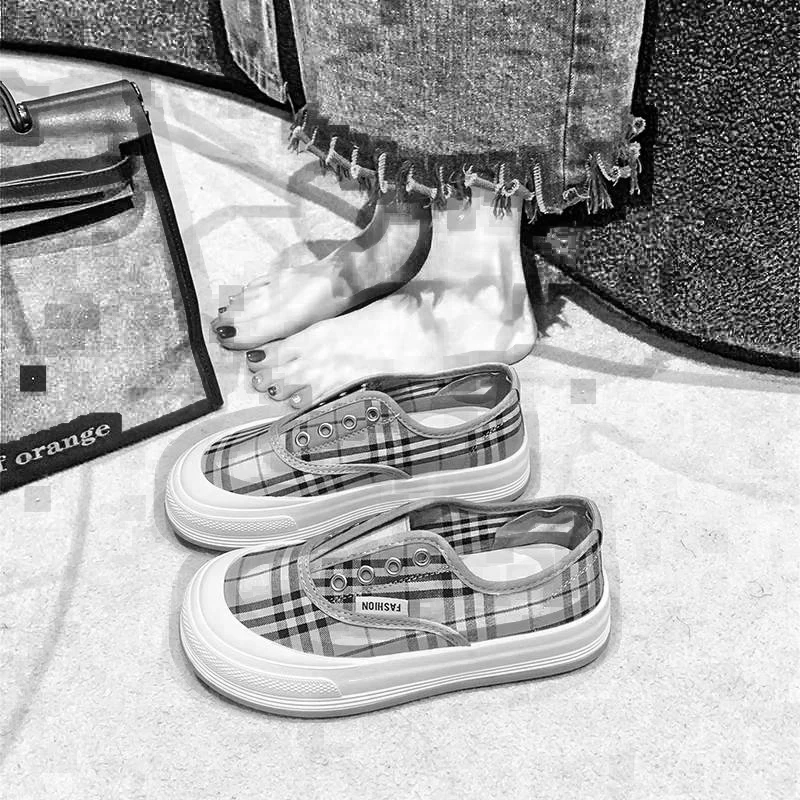 懒人时尚格子一脚蹬帆布鞋女2025新款潮流百搭休闲板鞋