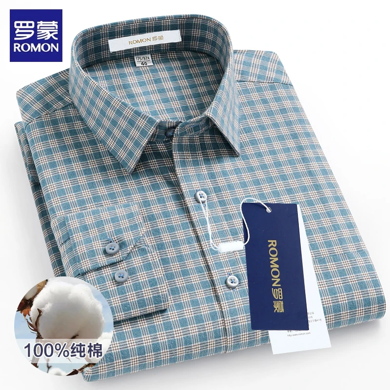 罗蒙浅绿色格子男士100%纯棉磨毛长袖衬衫中年商务休闲职业装衬衣