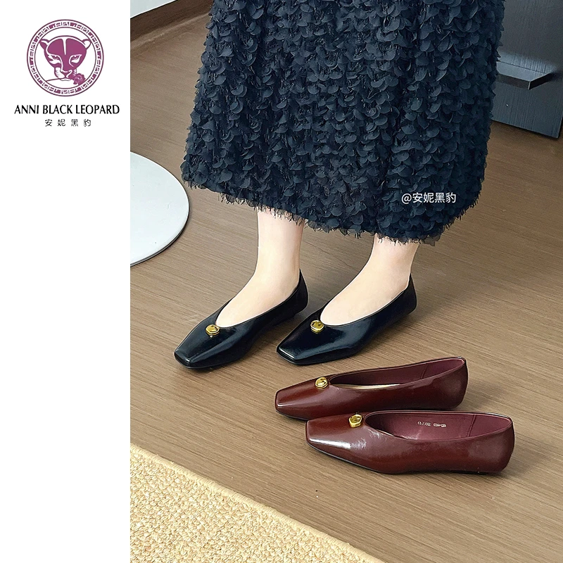 安妮黑豹气质浅口单鞋女新款百搭小香风平底一脚蹬奶奶鞋通勤女鞋