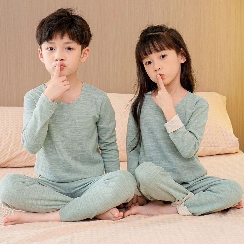 儿童羊毛蚕丝保暖套装秋衣秋裤圆领自发热中大童居家服内衣
