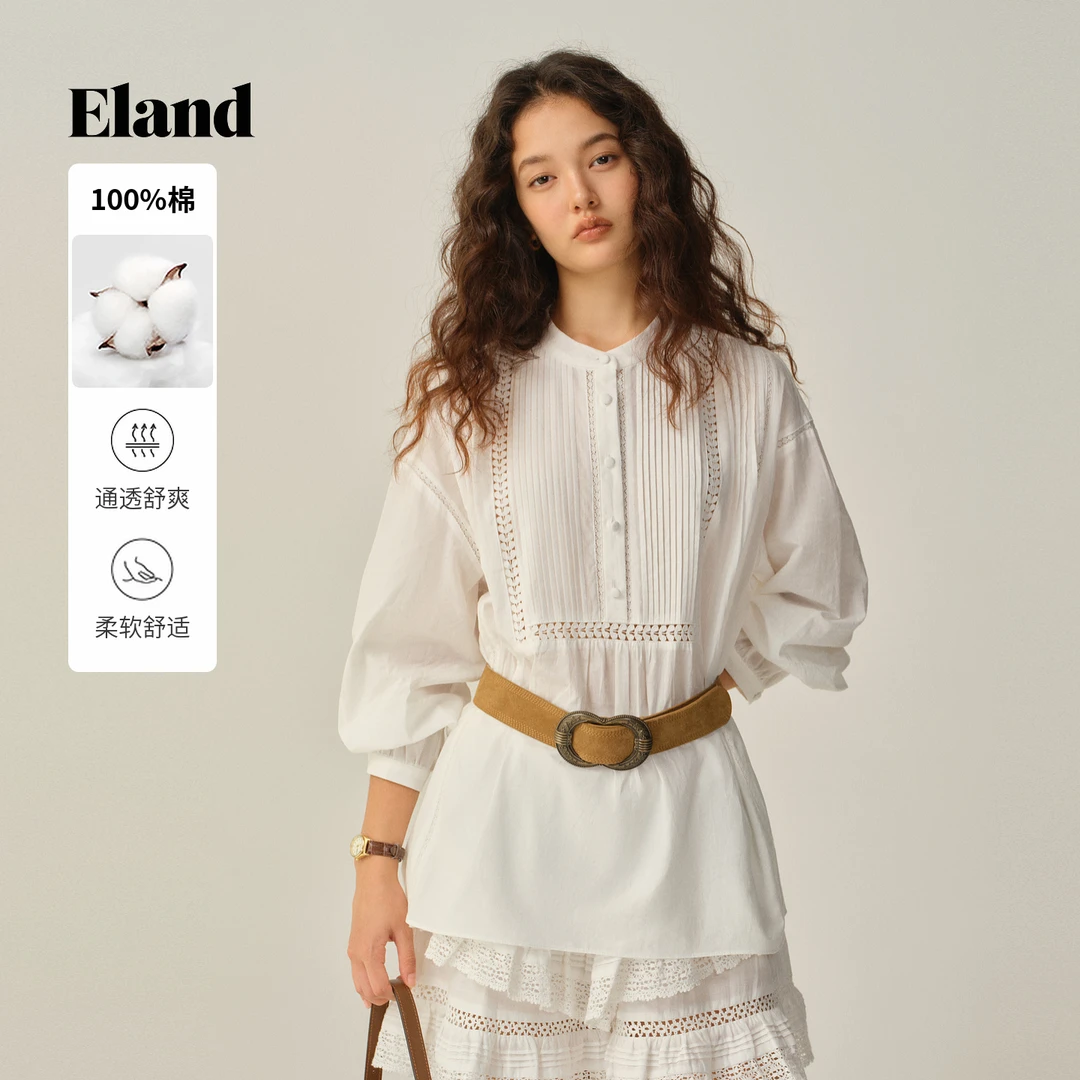 【100%棉】Eland衣恋衬衫女长袖纯色半开襟通勤上衣EEBWF49B51