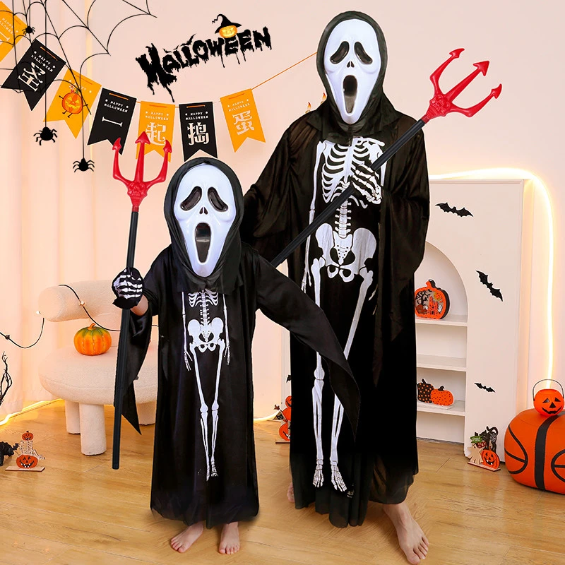 万圣节服装大人儿童亲子装扮恐怖黑色鬼衣服骷髅死神服饰COS道具