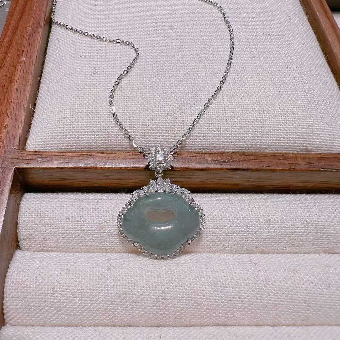 坠链均925银 旺莱 975 微镶满钻青色如意平安锁J901571012 凤选