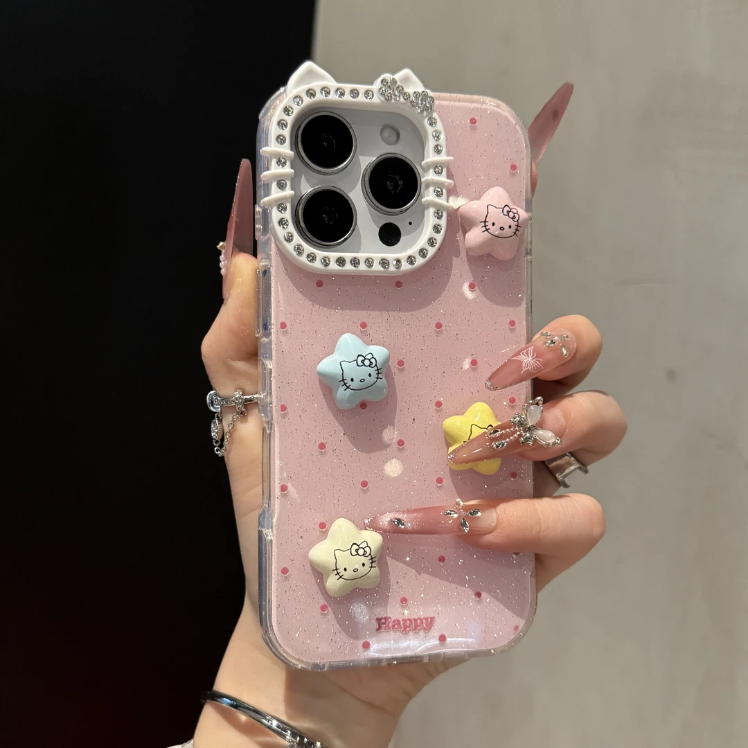 高颜值闪粉波点立体星星kt猫适用iPhone16手机壳15promax可爱14女