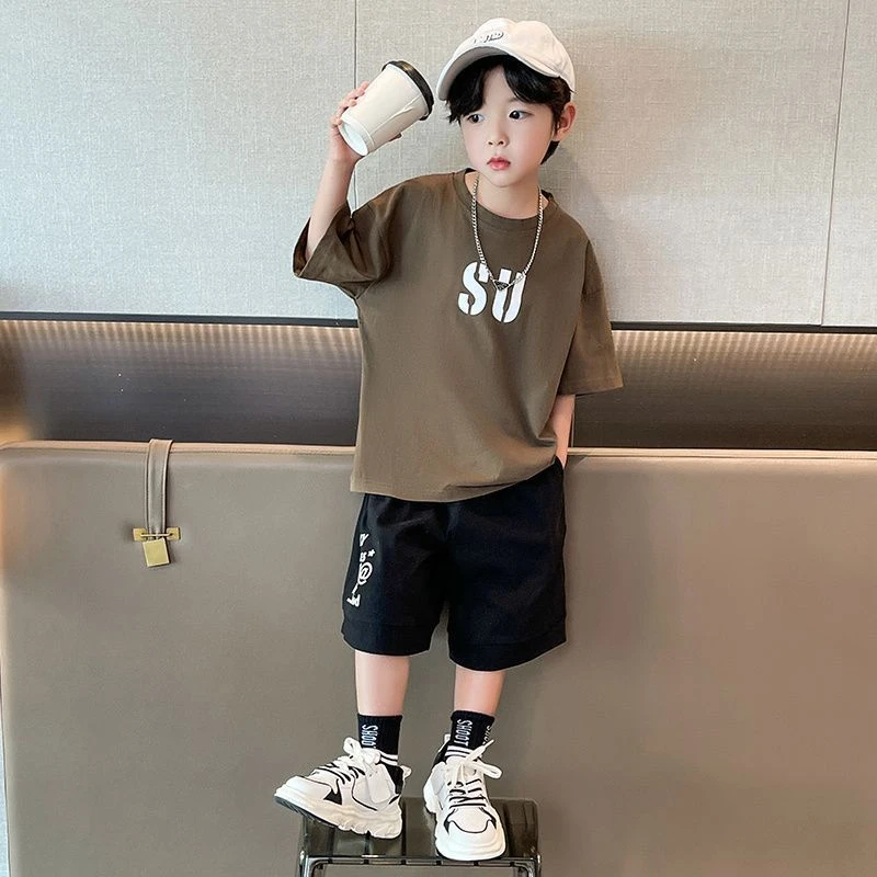 纯棉短袖短裤套装2025夏季新款中大童宽松两件套男童帅气炸街男孩