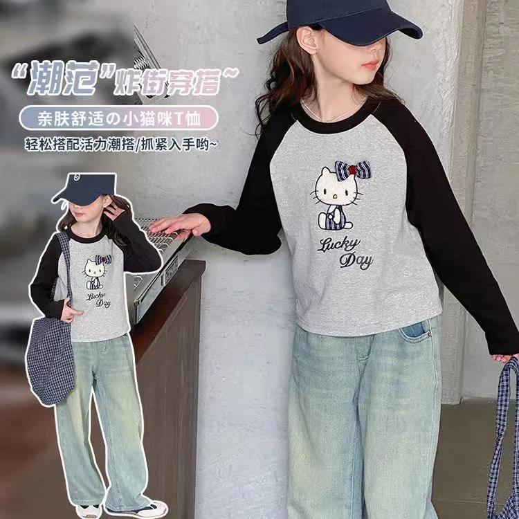 女童春秋款打底衫中大童洋气时髦儿童长袖上衣2025新款撞色T恤