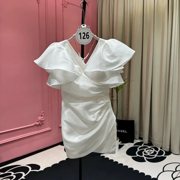 【甄菲】126号 7045性感深V立体飞飞袖高级褶皱性感包臀连衣裙