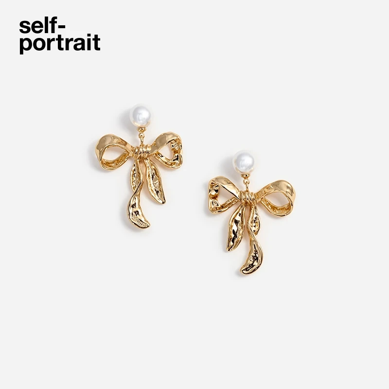 合金仿珍珠耳饰 self-portrait2025春夏新款金色设计感蝴蝶结耳环