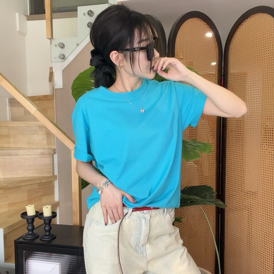 圆领短袖女t恤夏宽松2025新款孔雀蓝半袖体恤显瘦纯棉打底上衣
