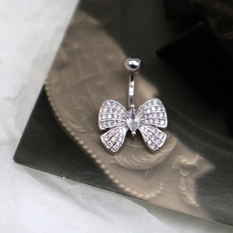 925银银制品 蝴蝶脐钉925纯银微镶锆石气质百搭肚脐钉女穿刺饰品