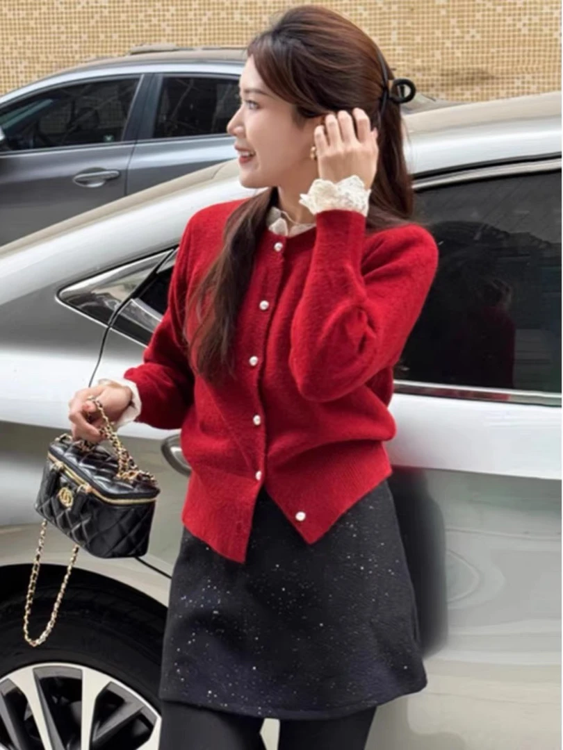 假两件蝴蝶结红色针织开衫打底毛衣女可外穿内搭设计感上衣高级感