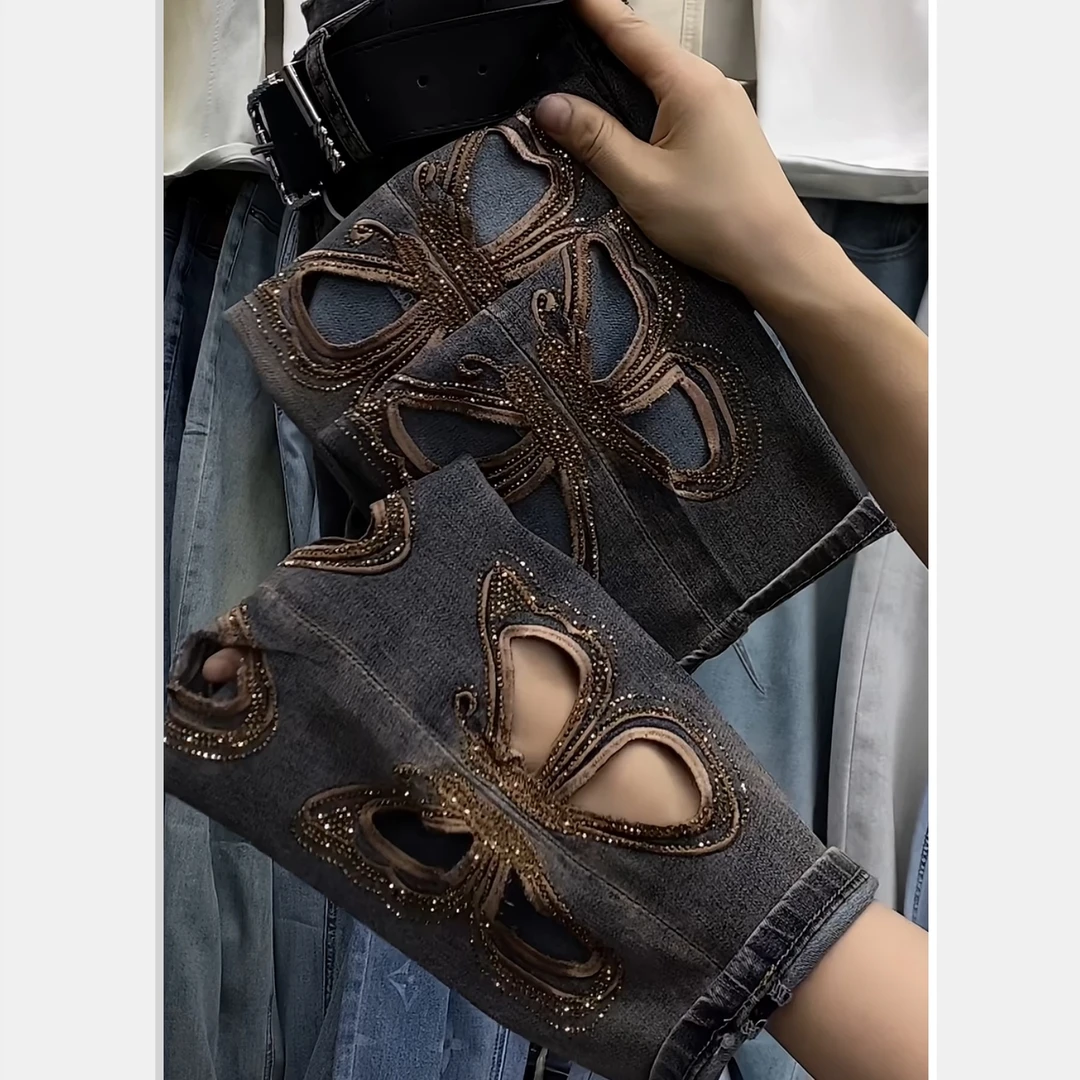 2025年夏季新款牛仔裤女重工镂空刺绣弹力高腰时尚百搭八分烟管裤