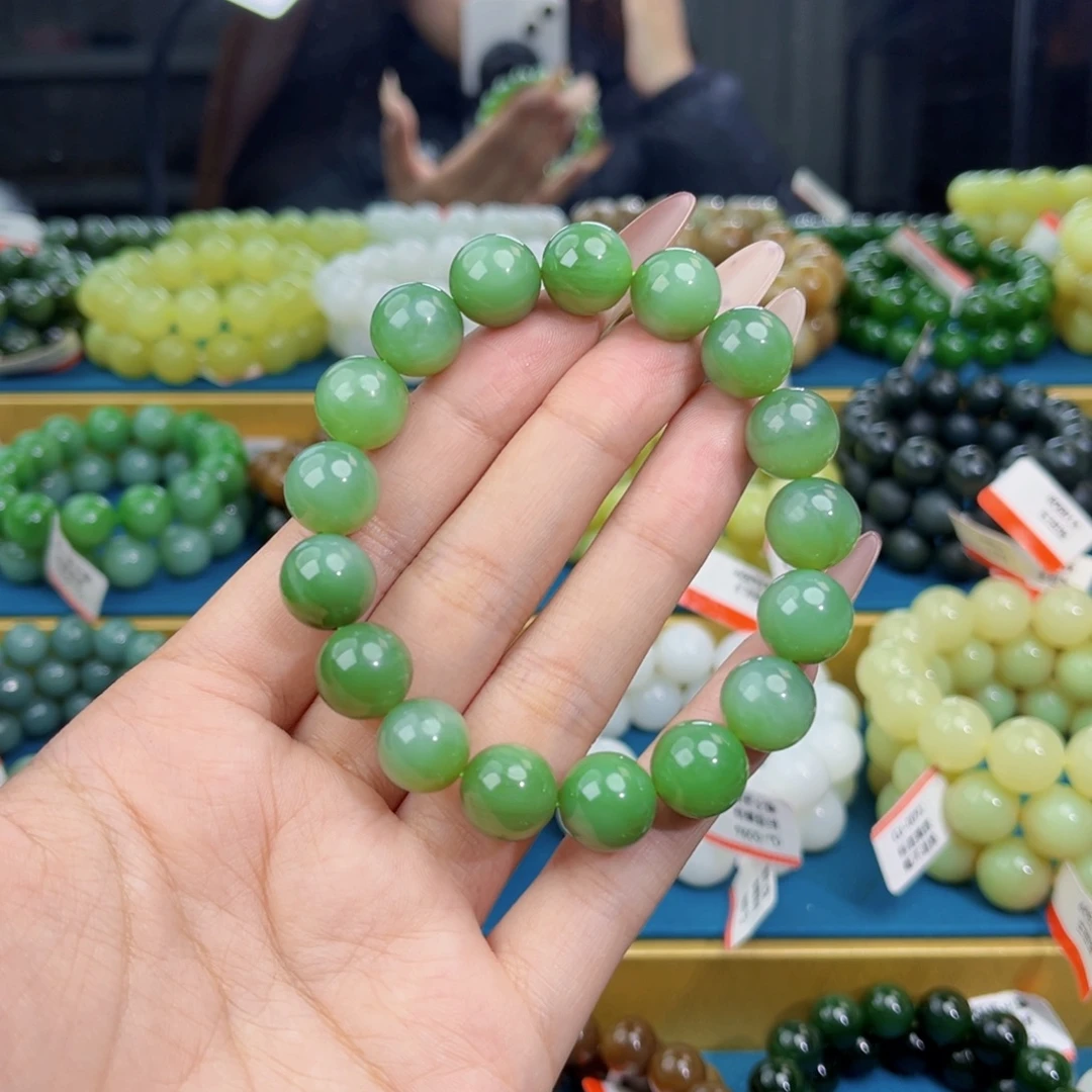 和田玉未镶嵌手链天然和田玉俄碧夹层料粉绿微猫手串12