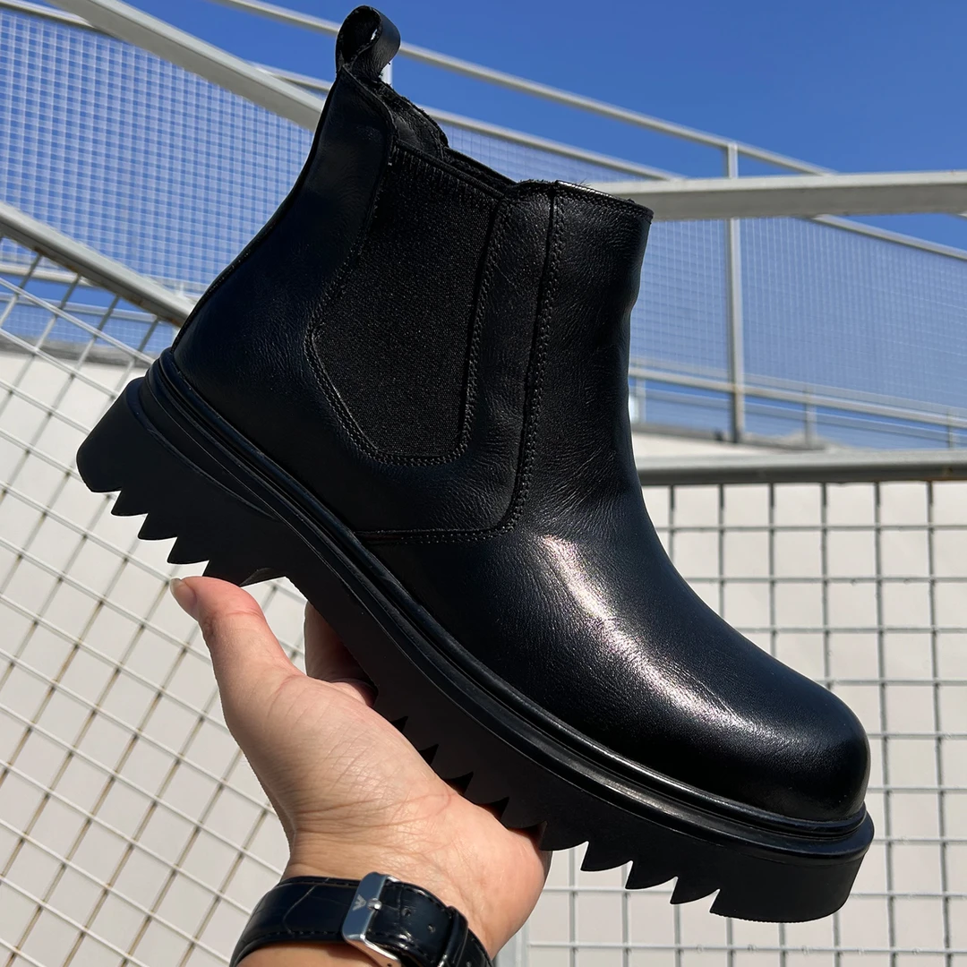 2025冬季新款英伦时尚厚底牛皮加绒保暖青年黑色切尔西短靴男靴