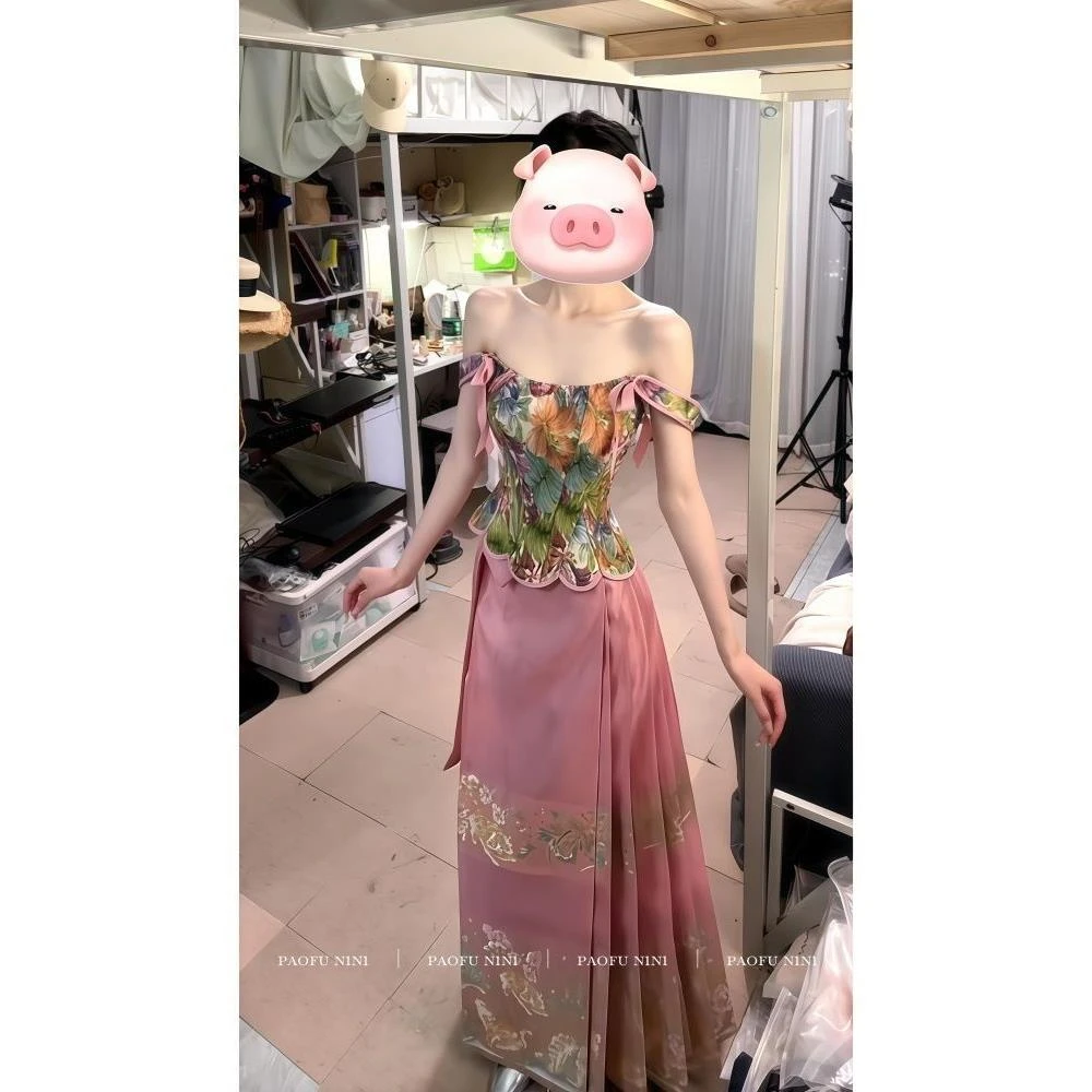 绣花重气质新中式国风工吊带花朵上衣设计感女夏新款粉色半裙套装