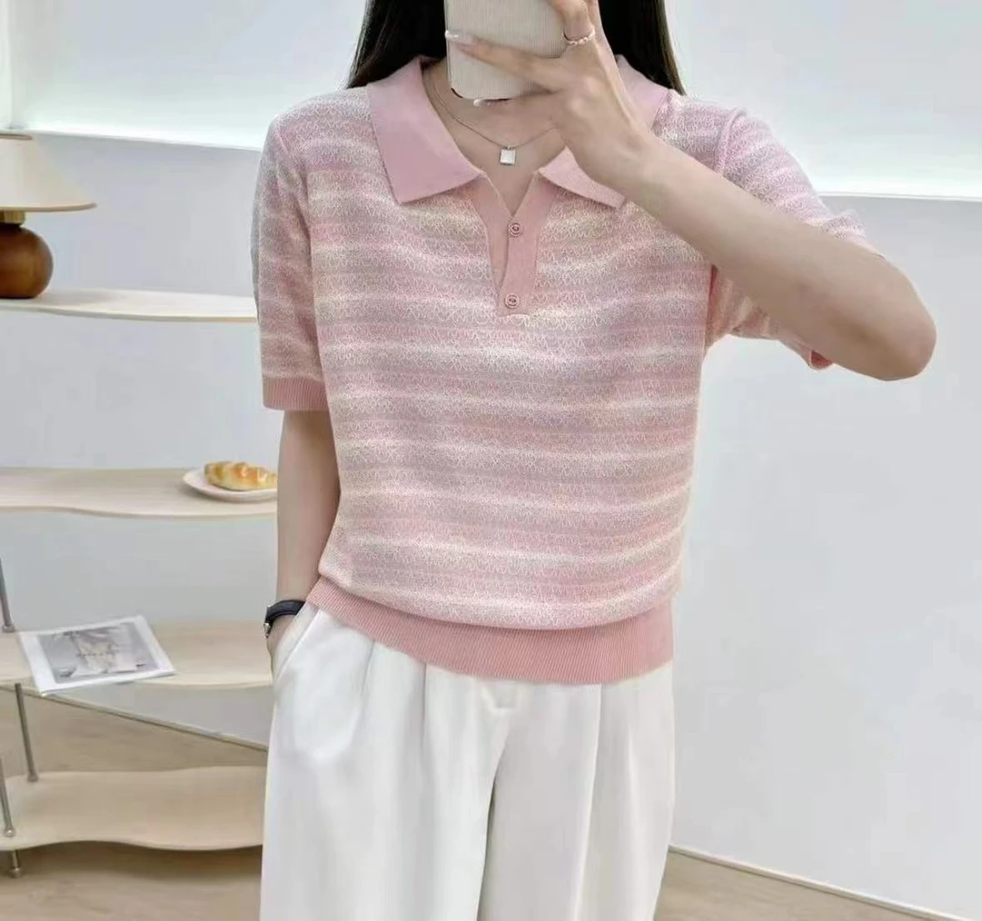 659{【冰爽粉翻领短袖】冰凉透气天丝针织翻领女短袖