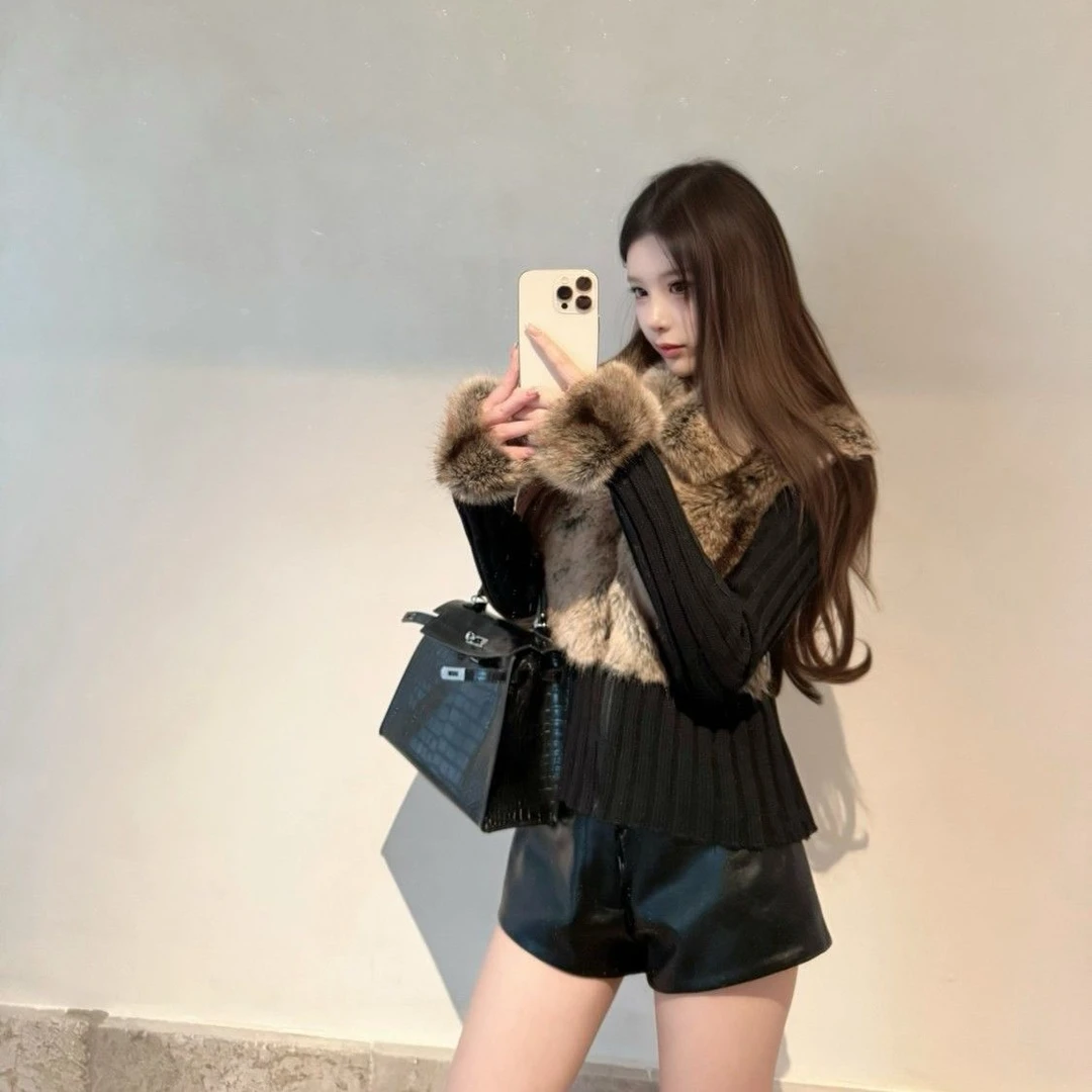 法式仿绒毛翻领毛毛拼接针织上衣女冬季名媛小众设计百搭开衫外套