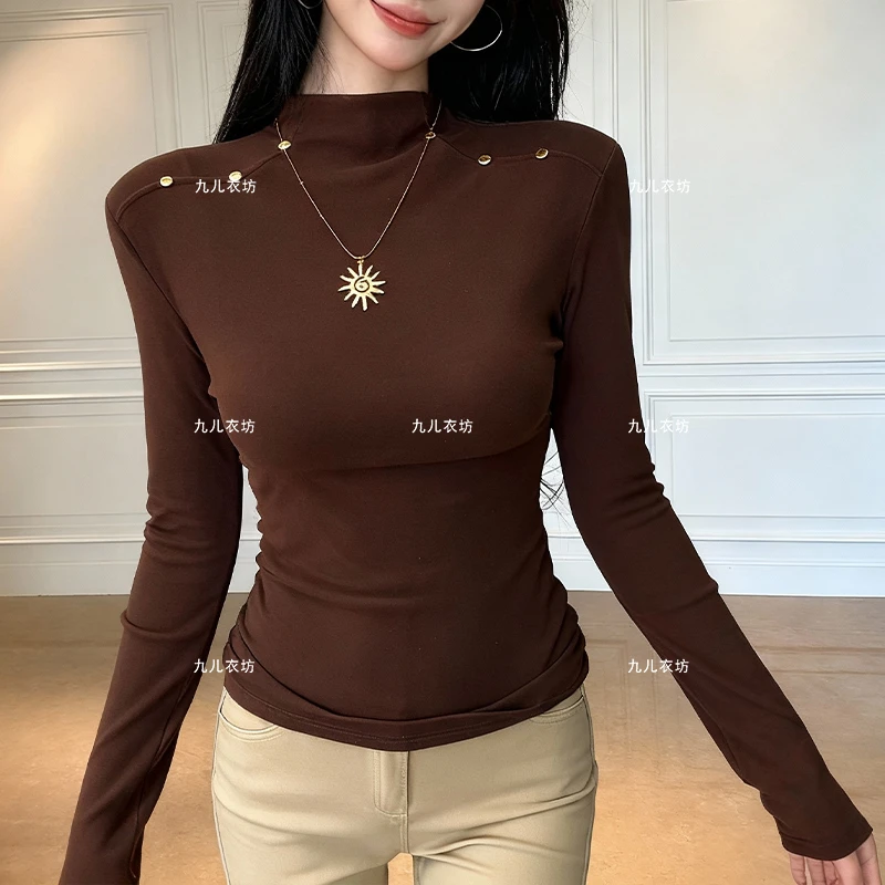 2025新款钉珠磨毛加绒修身显瘦设计感半高领T恤打底衫女上衣1096