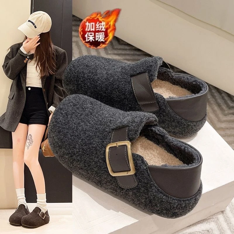 内增高加绒保暖勃肯鞋女2025冬季新款百搭两穿毛呢懒人小个子棉鞋