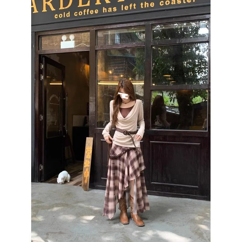 法式时尚套装早秋吊带背心荡领长袖针织衫两件套女秋季格纹半身裙