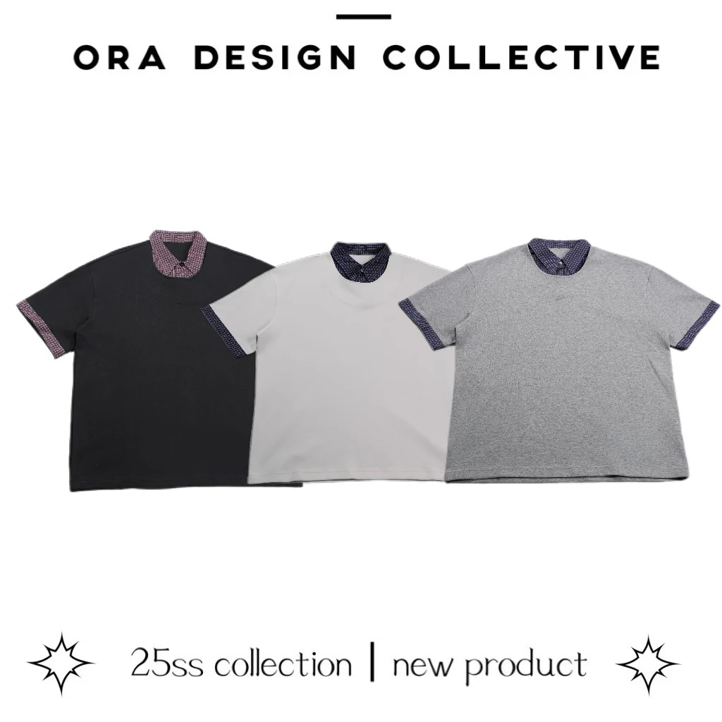 2025夏季新品Ora[MIU风]通勤t恤翻领格子短袖T恤半袖纯棉上衣