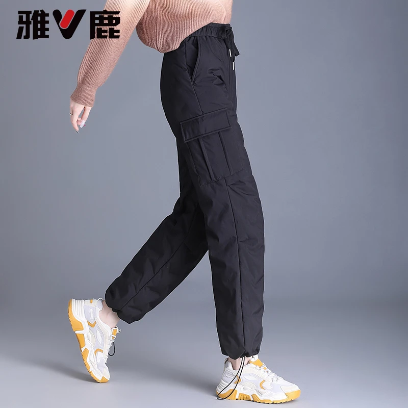 雅鹿户外工装款羽绒裤女冬季2024新款时尚高腰直筒加绒束脚长裤女