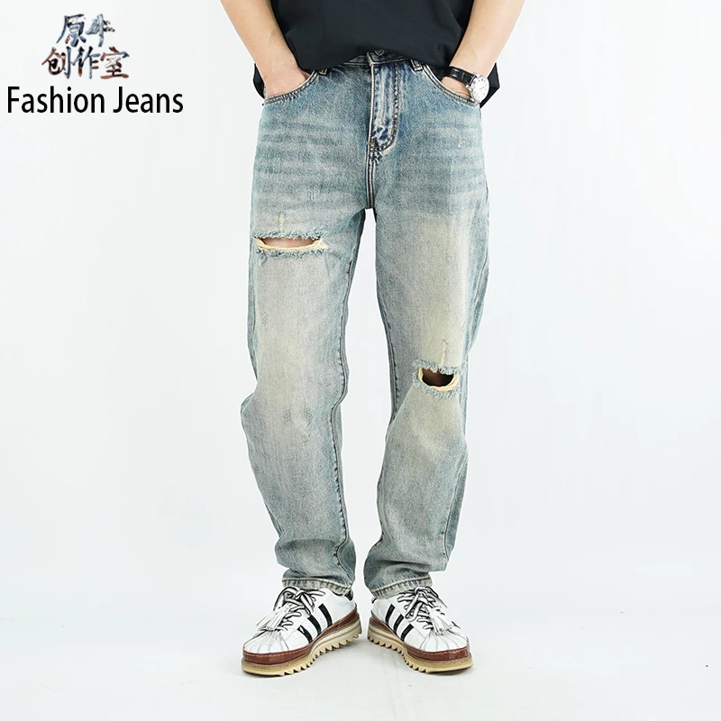 夏季新款净版潮牌牛仔裤男破洞复古个性潮流宽松直筒裤男长裤男士
