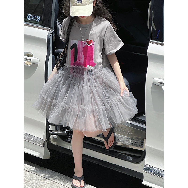 K29064网纱拼接女童连衣裙2025夏装新款儿童短袖裙子洋气蓬蓬裙潮