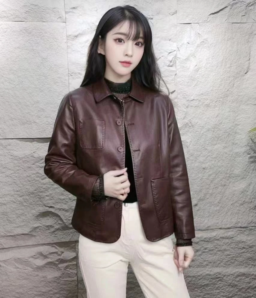 【单里衬】海宁正品2025春季新款时尚休闲百搭翻领气质皮衣外套女
