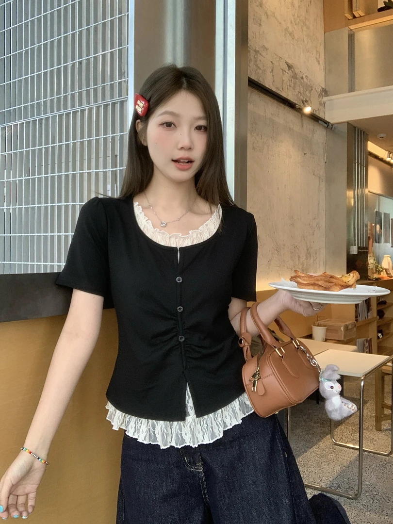 【8752】2025夏季胖mm韩系穿搭蕾丝假两件短袖打底衫T恤女BDI8752