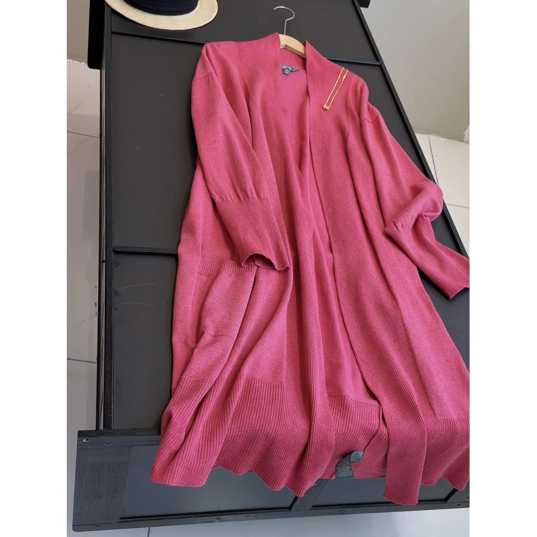 出美单 女士中长款春秋叠穿外搭长袖针织开衫薄款外搭外套