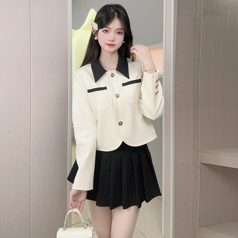 韩剧穿搭小个子套装2025春秋新款小香风外套百褶短裙洋气三件套女
