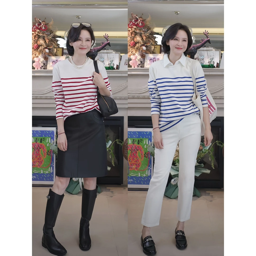 我是摩羯 去有海的地方 100棉色织条纹侧开叉圆领长袖秋季T恤卫衣