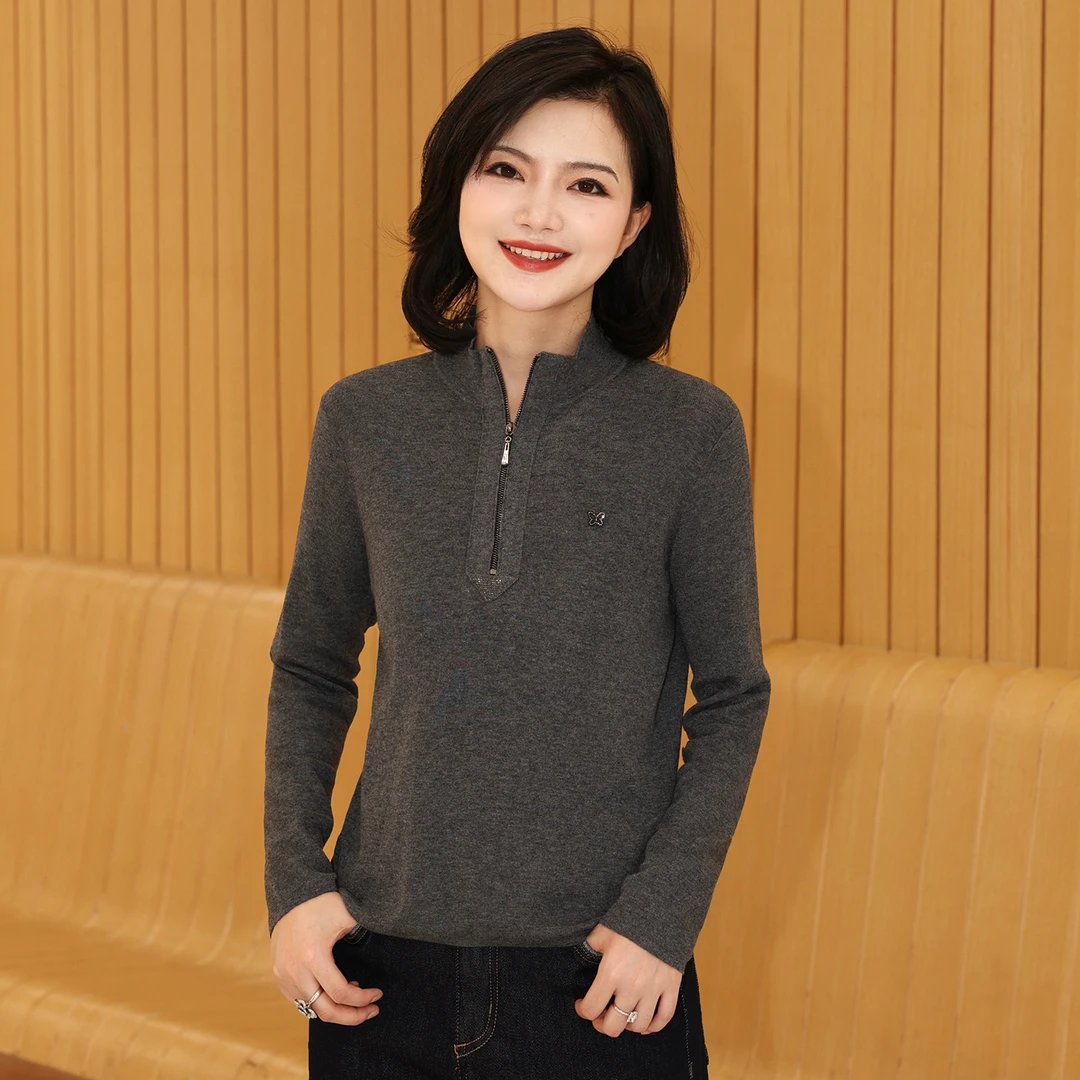 枫竺阿楠anan羊毛半拉链立领烫钻长袖针织衫女秋季通勤套头卫衣