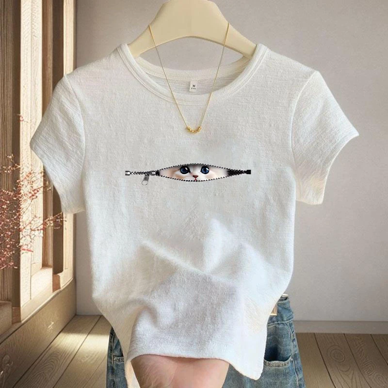 圆领竹节棉薄款印花别致女士白色T恤2025夏季新款小个子短款上衣