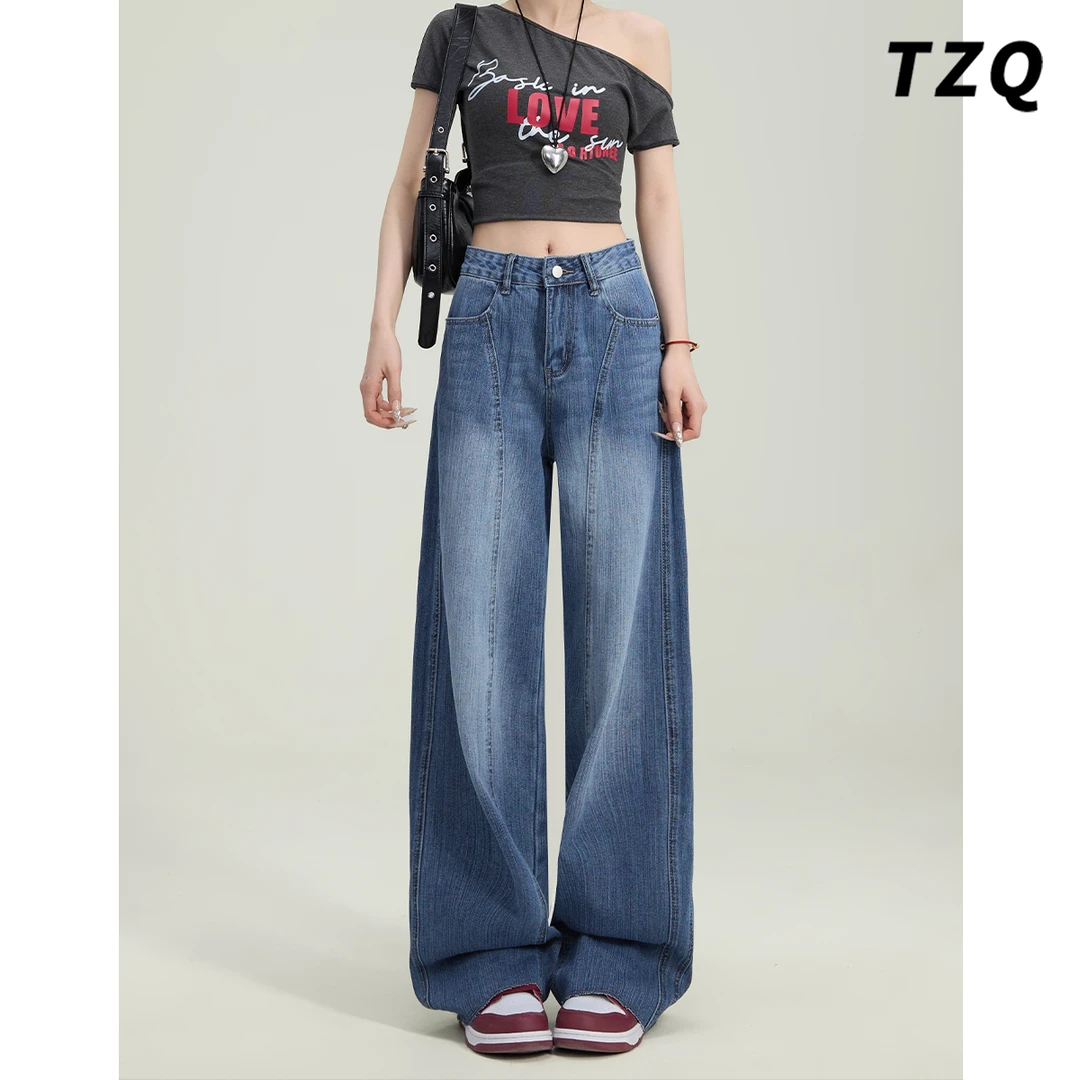 美式高街垂感阔腿牛仔裤女2025新款高腰宽松显瘦弯刀裤TZQ2522420