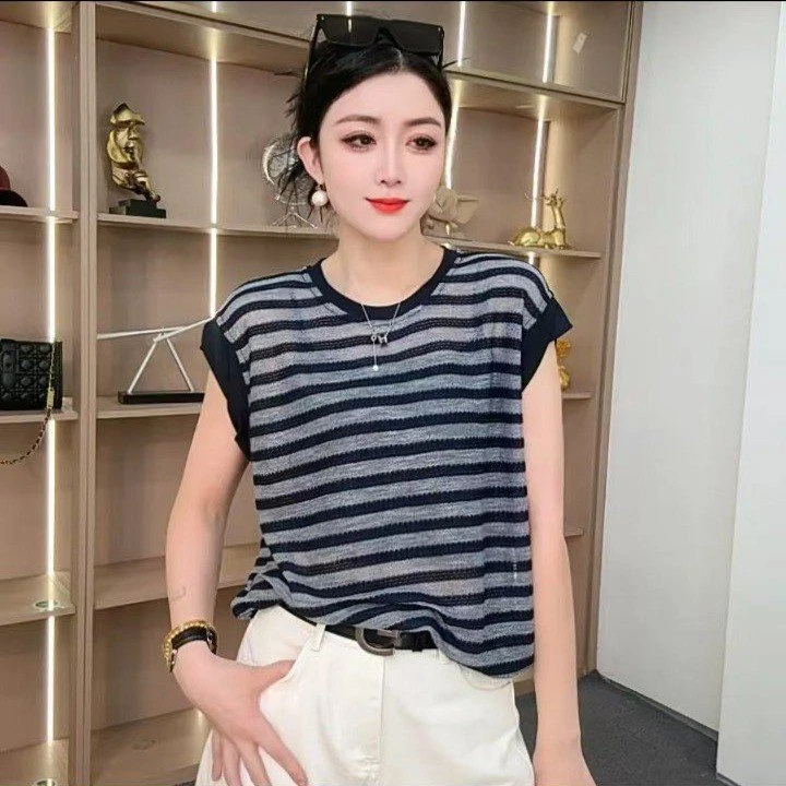 2025夏季百搭条纹薄款通勤风衫宽松无袖韩版外穿镂空短袖