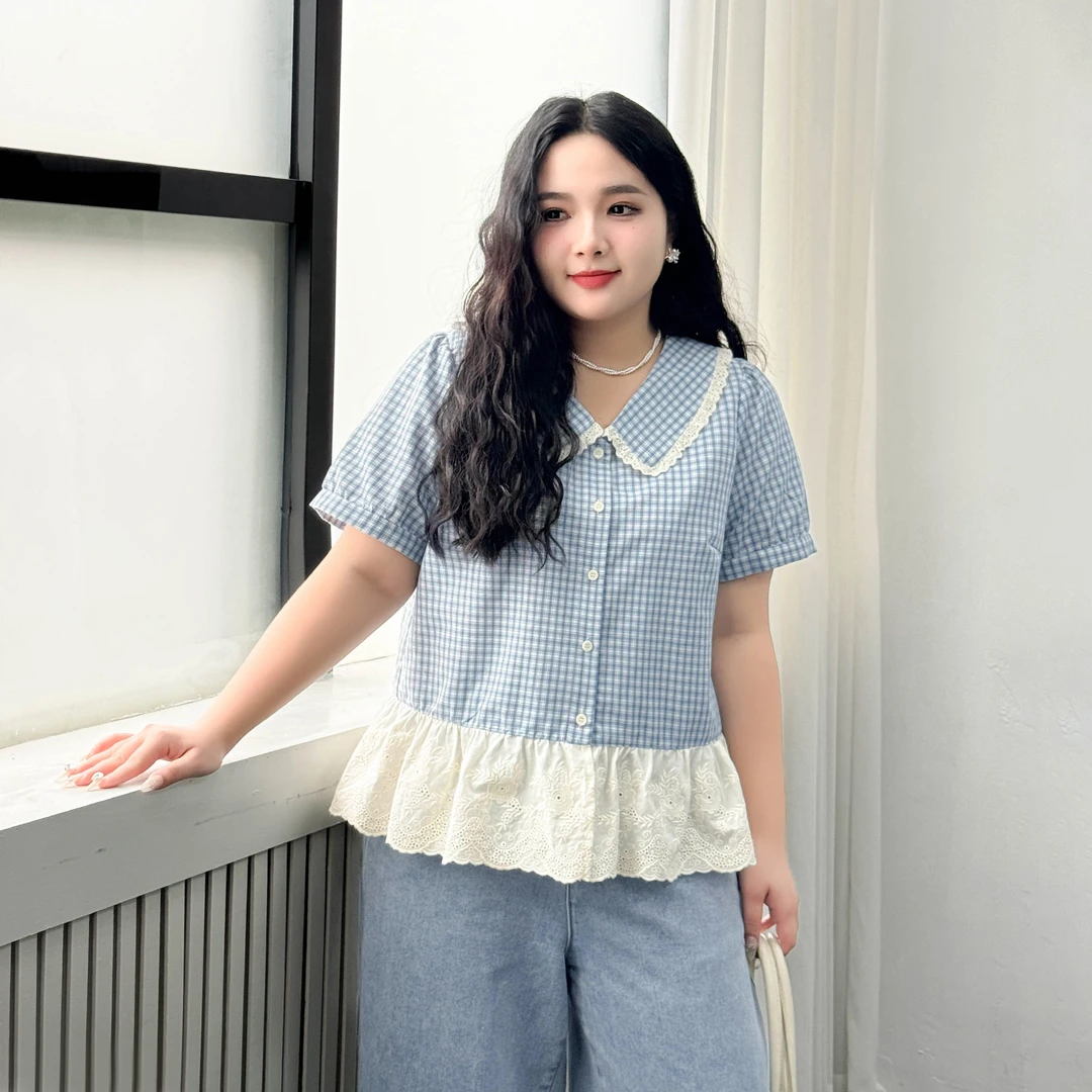 DX7921大码女装【法式文艺小衫】胖mm夏季翻领花边拼接短袖格子衬衫