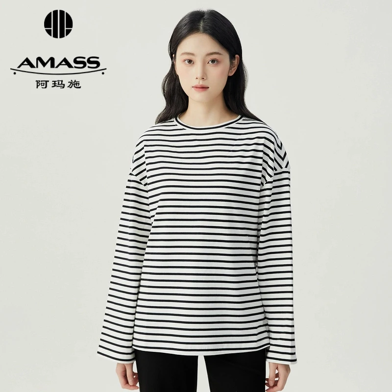 阿玛施AMASS新款女装经典休闲时尚条纹长袖圆领廓形T恤5301090