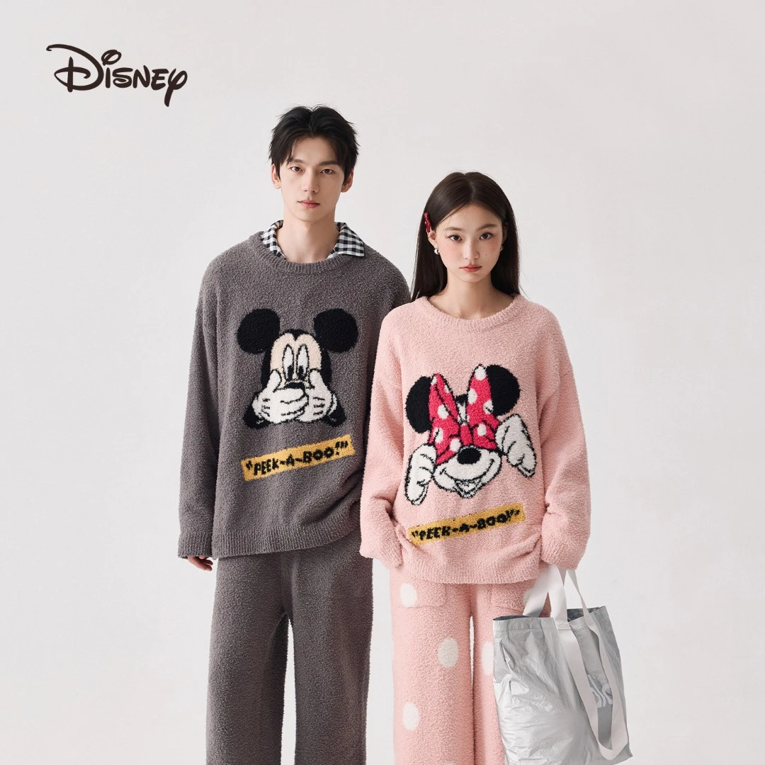 亲嘴猫情侣半边绒睡衣女秋冬季米奇米妮男士套装家居服可外穿