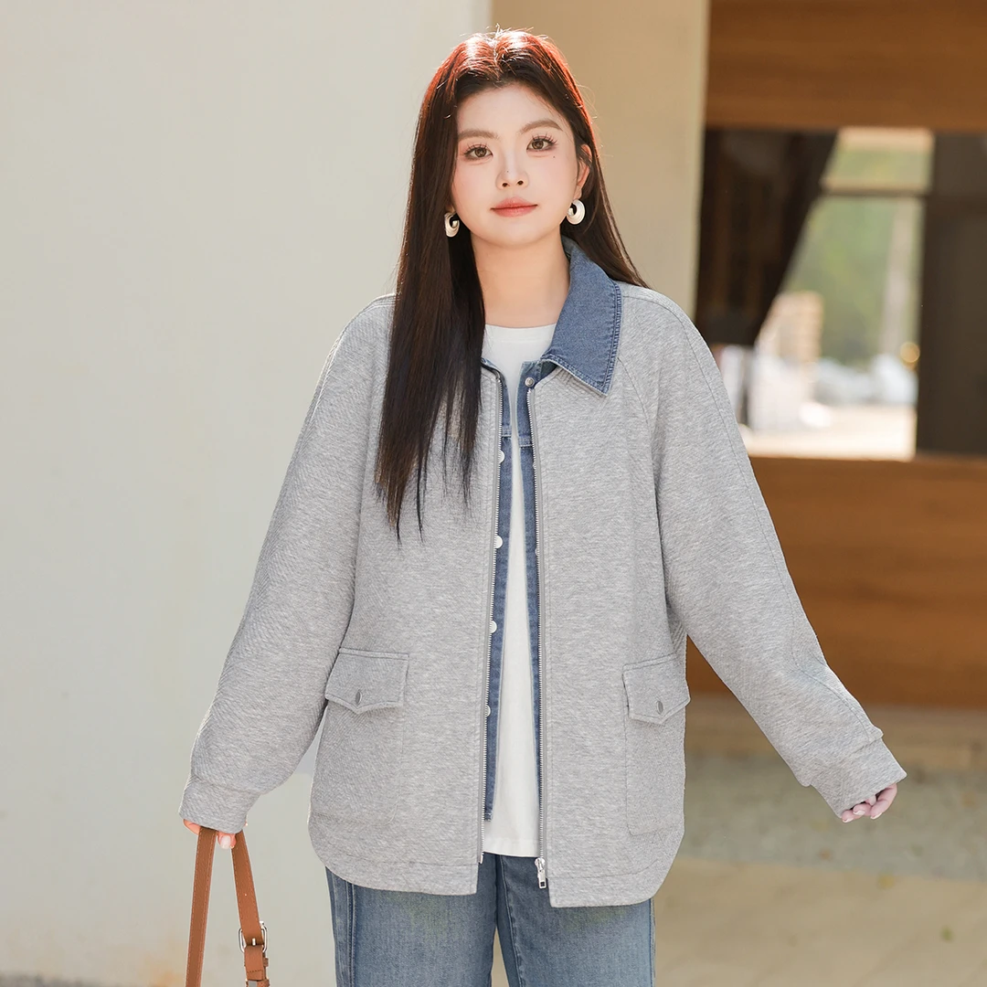 【假两件牛仔拼接翻领】MsShe大码女2025提花针织外套A~M2412011