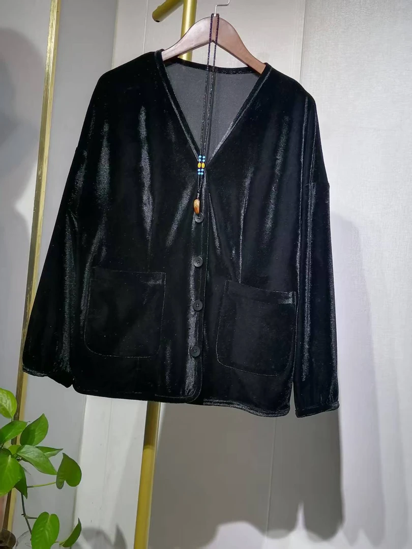 桑蚕丝真丝丝绒新中式新款外套女气质纯色V领垮肩袖设计休闲百搭