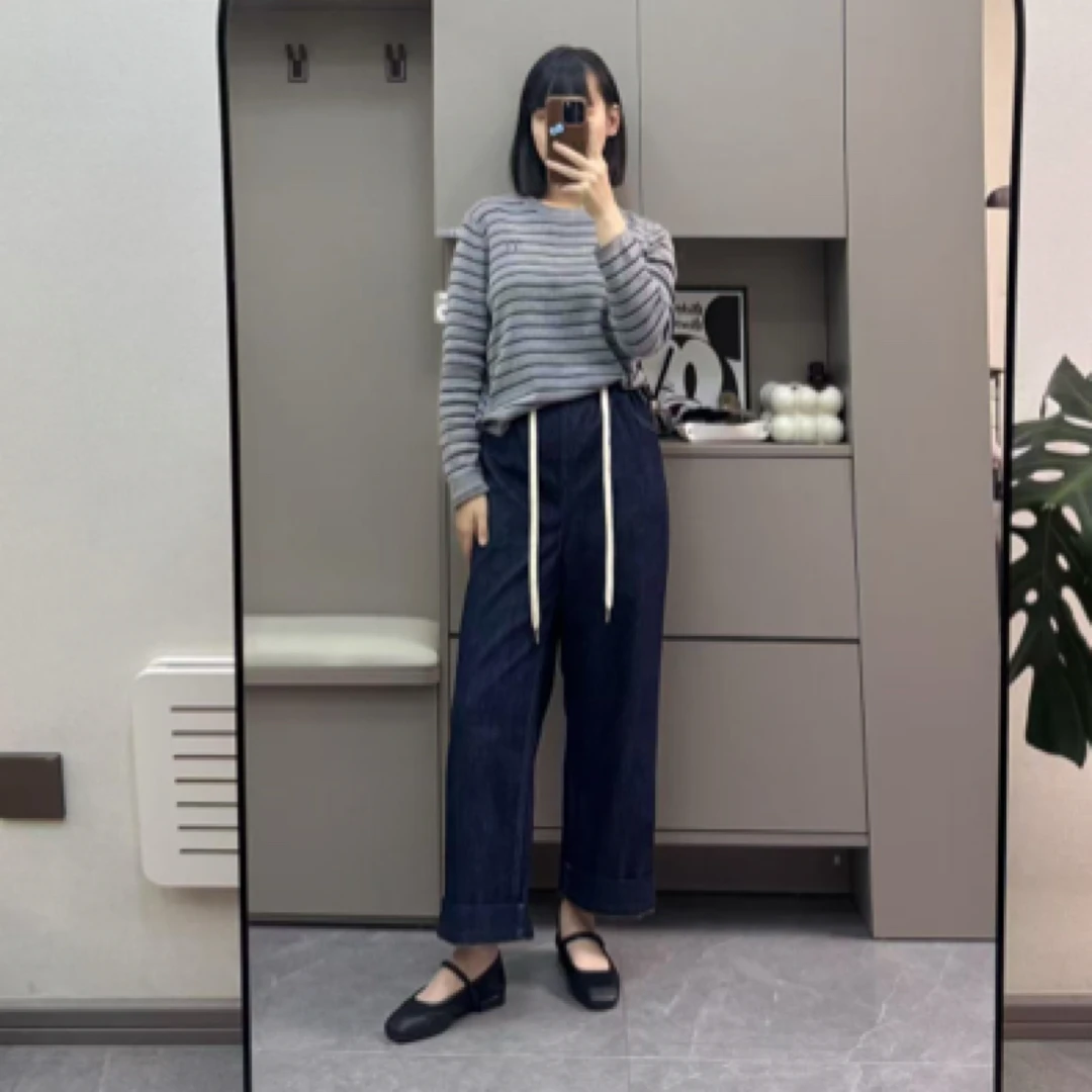 孕妇牛仔抽绳腰无托腹直筒男友裤春季新款