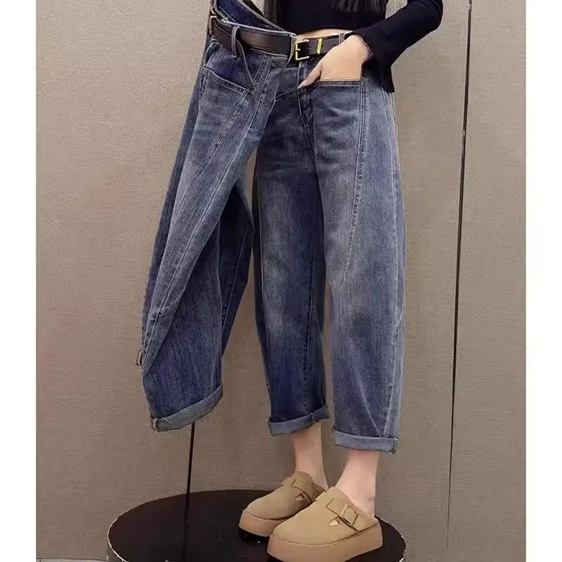 大码哈伦牛仔裤子女2025春季新款时尚潮流宽松梨型身材九分老爹裤