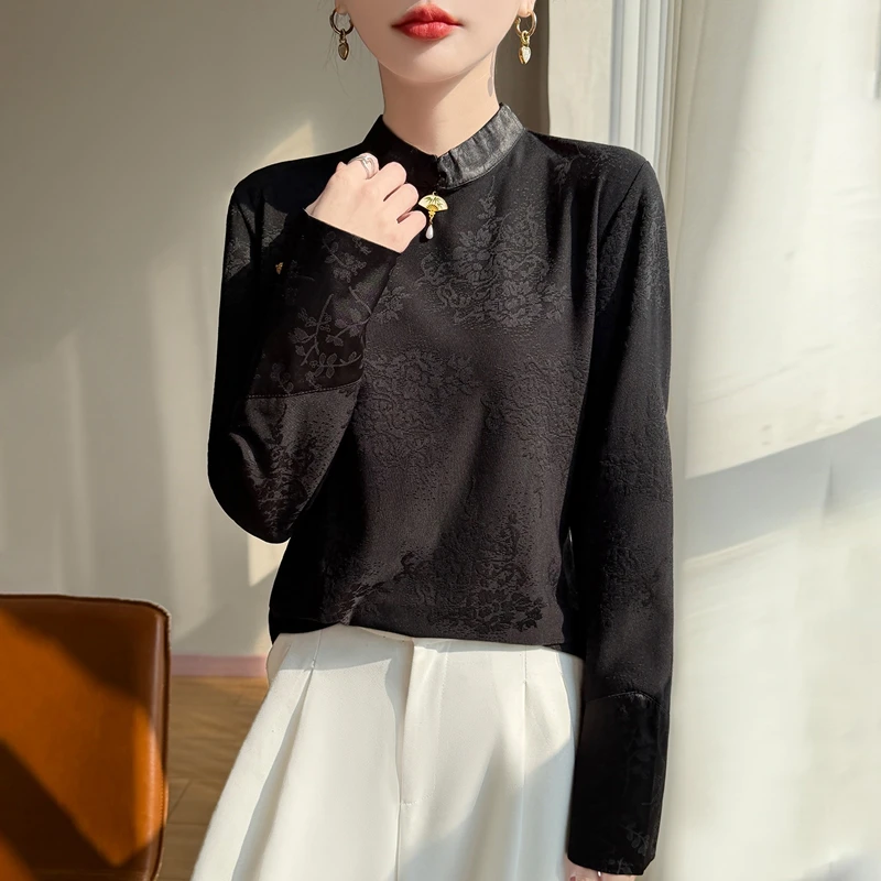正品哥弟新款中式秋冬打底衫上衣民族风加厚提花直襟保暖打底衫女